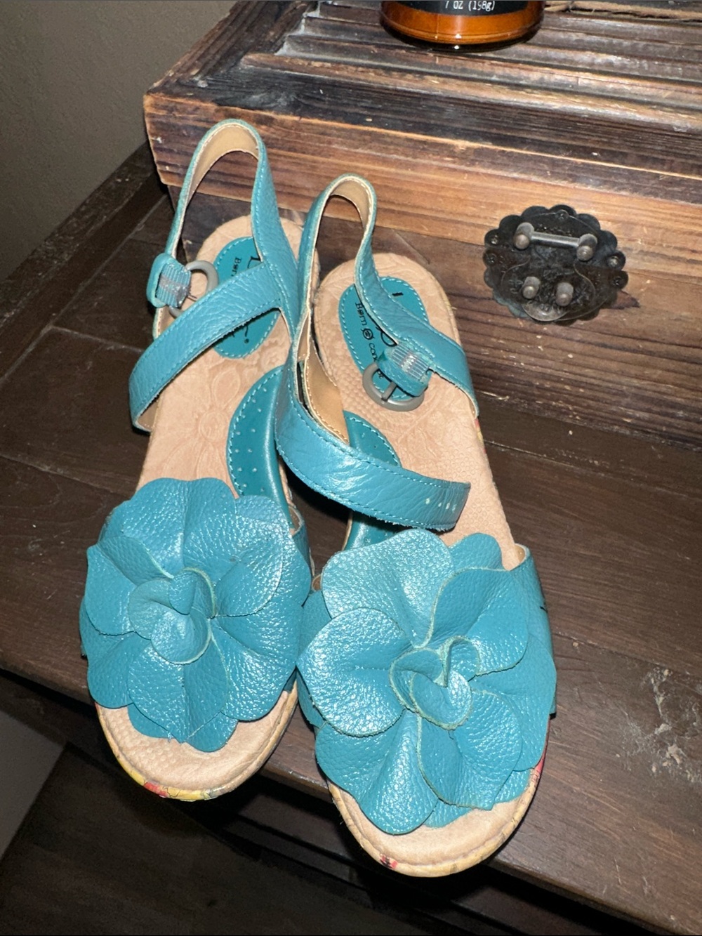 b.o.c. Turquoise Floral Leather Wedge Sandals